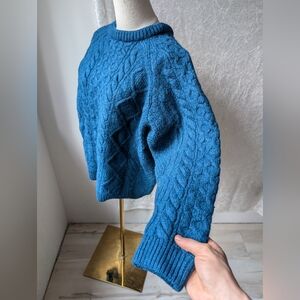 Vtg Teal Callan Vibrant Blue Green Cable Knit Wool Sweater Felted